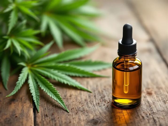 A photorealistic shot capturing a glass bottle of CBD oil next to hemp leaves on a wooden surface, representing natural stress relief